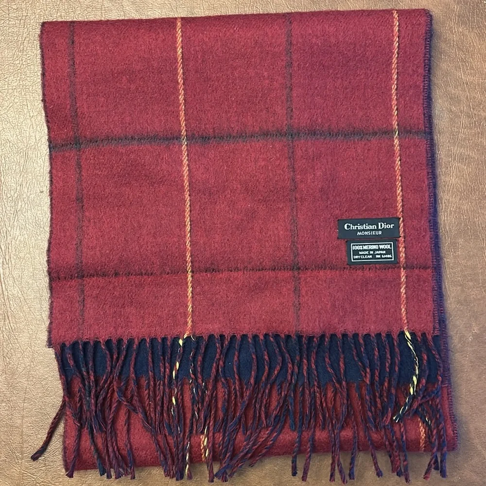 Christian Dior Monsieur 100% Marino Wool Red/Navy Plaid Scarf.
